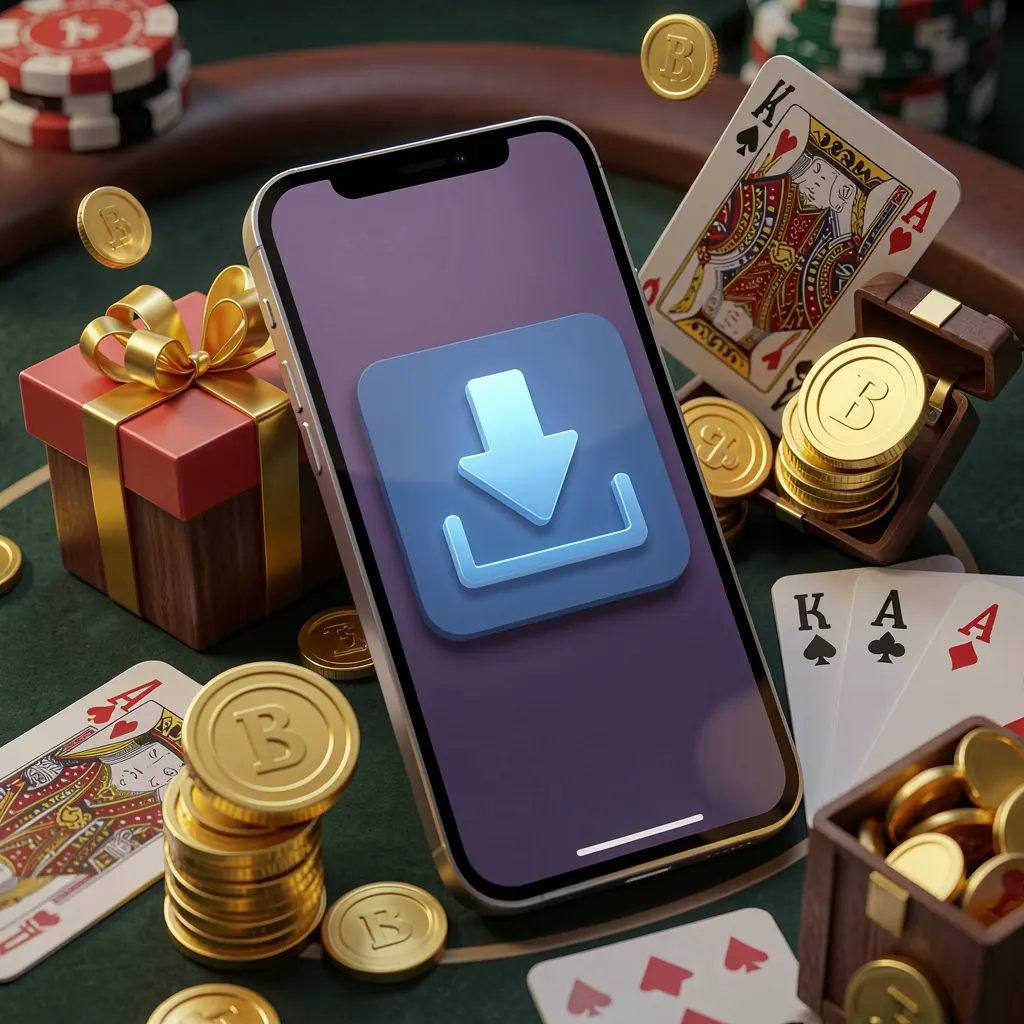 Smartphone showing a download icon surrounded by golden coins, a gift box, and playing cards in a modern mobile gaming scene for the TKBD4 casino app download concept