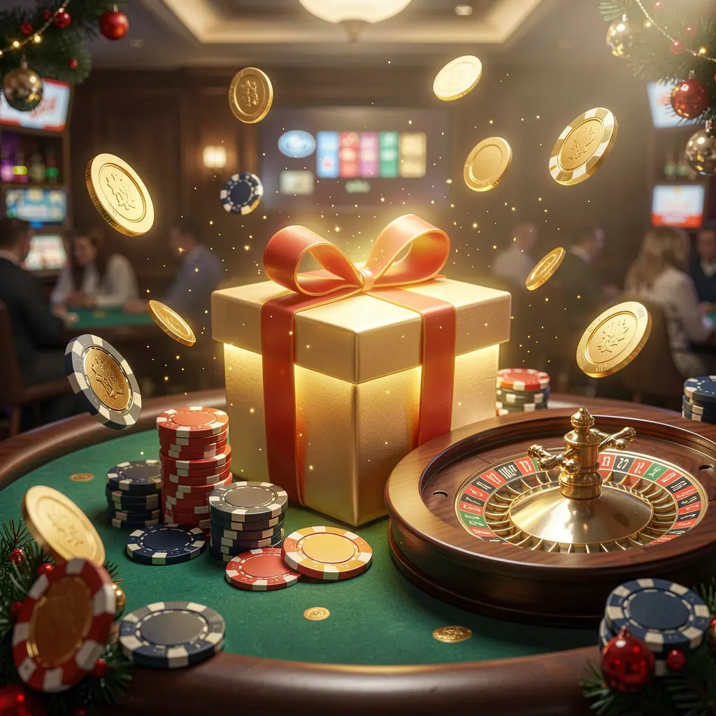 TKBD4 welcome bonus visual featuring a glowing gift box, roulette wheel, poker chips, and flying coins in a festive casino atmosphere with cinematic lighting and high detail
