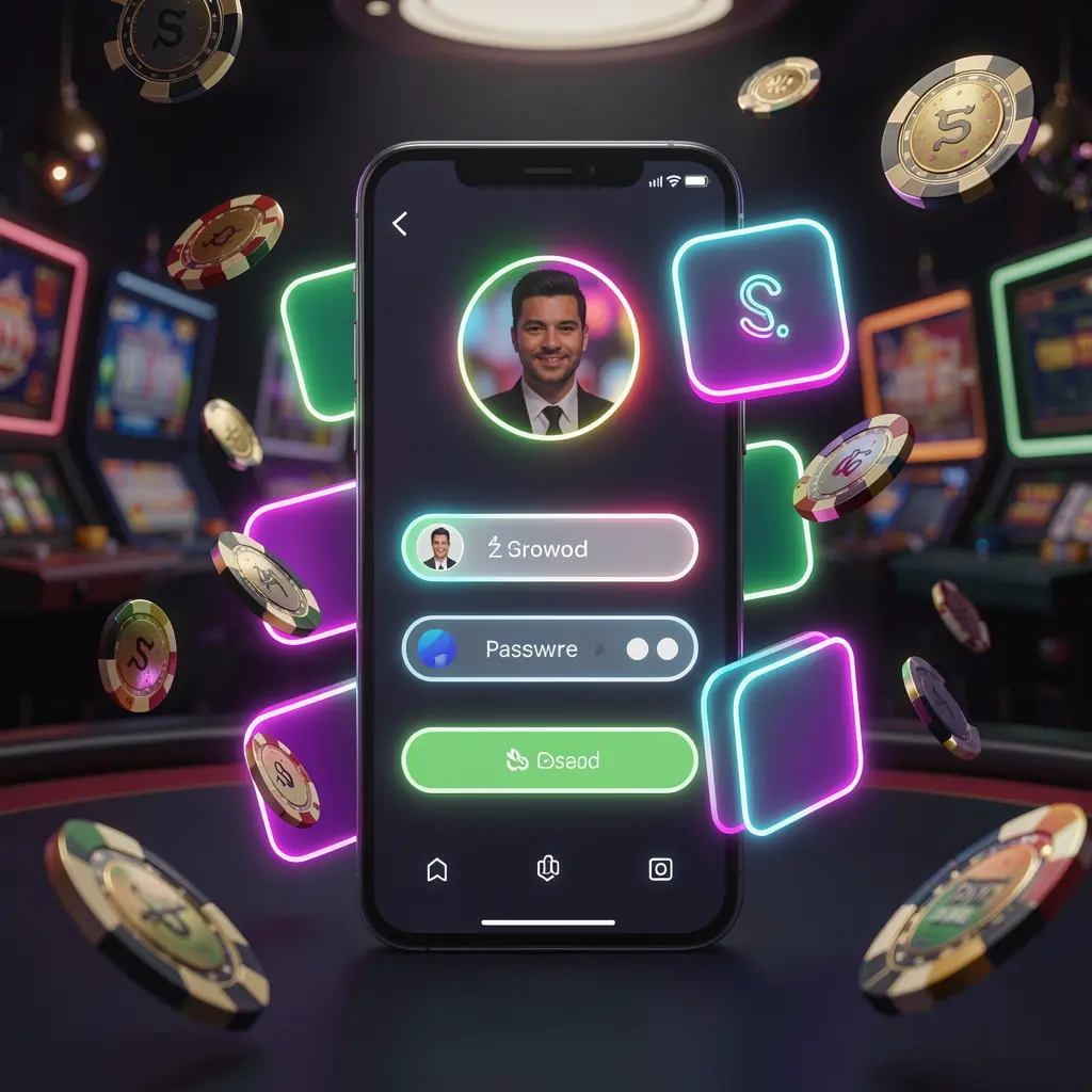 Mobile casino login screen by TKBD4 showing a phone with user profile and password fields as abstract UI shapes, neon glow, chips and coins flying around in a dark premium casino atmosphere