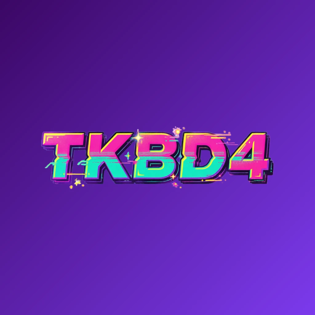 Bold arcade-style logo for TKBD4 with chunky retro typography in bright pink, turquoise, yellow, and purple colors, creating a vibrant gaming atmosphere on a transparent background, designed as a wide horizontal rectangular wordmark logo for a website header.