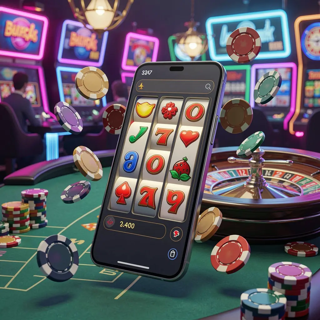 TKBD4 casino entertainment homepage concept featuring a modern mobile phone surrounded by slot symbols, a roulette wheel, chips, and coins floating against a neon casino background in a premium 3D render